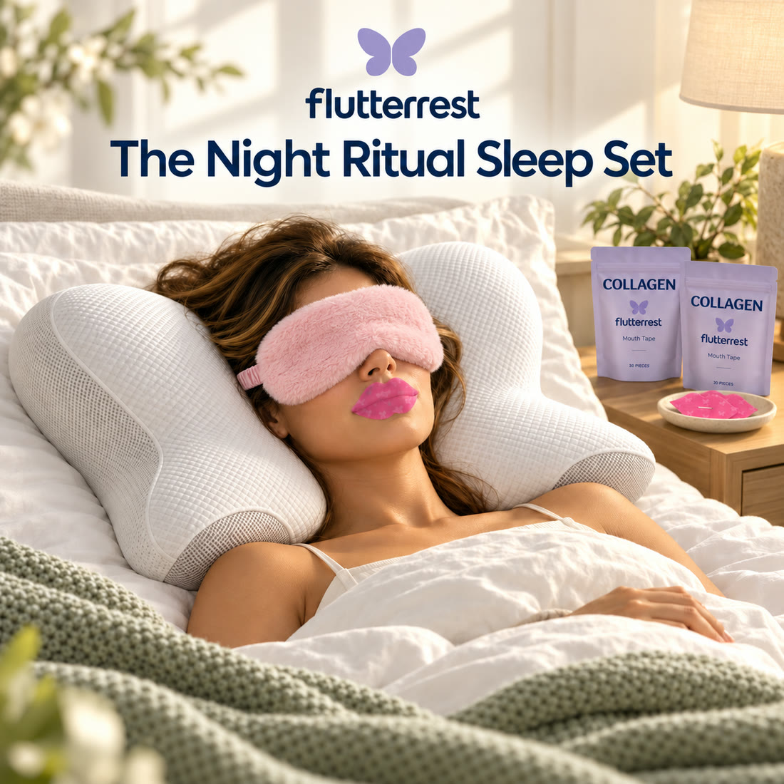 Woman resting on the Flutterrest butterfly pillow wearing a plush sleep mask and the collagen mouth tape